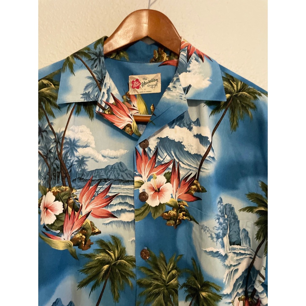 Hilo Hattie Hawaiian Shirt Blue Aloha Tropical Surf All Over Print Men's M USA